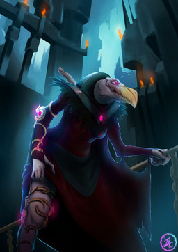 arm_brace beak bruised carcosa city cityscape disability female jewelry leg_brace mythical purple_sclera solo artclown the_dark_crystal avian humanoid skeksis hi_res story story_in_description
