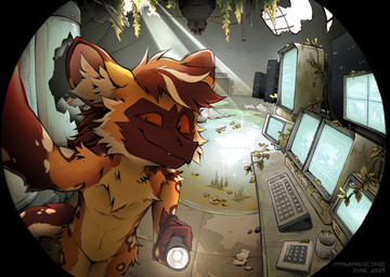 amazing_background ambiguous_gender anthro computer detailed_background electronics fisheye_lens laboratory laboratory_equipment laboratory_glassware light looking_at_viewer machine puddle science_fiction scientific_instrument screen solo sunlight test_tube toony mynameiscomic mythology african_wild_dog canid canine dragon hybrid mammal mythological_creature mythological_scalie scalie detailed