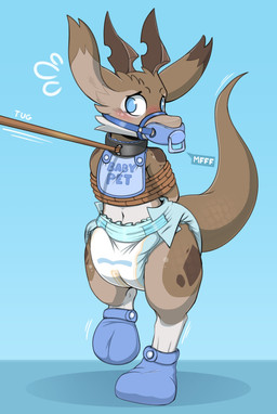 ageplay ambiguous_gender anthro bdsm bib bodily_fluids bondage bound clean_diaper clothed clothing collar diaper footwear gag gagged horn infantilism leash leash_pull object_in_mouth one_foot_raised pacifier pacifier_gag pacifier_in_mouth roleplay rope solo sweat sweatdrop tail tugging walking wearing_diaper wetness_indicator bunnykisses mythology dragon mythological_creature mythological_scalie scalie absurd_res hi_res