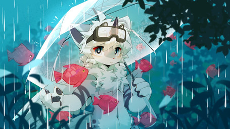 2_horns 4_fingers anthro biped blue_eyes blush blush_lines chest_tuft dragon_horn eyewear eyewear_on_head fingers fur goggles goggles_on_head horn inner_ear_fluff kemono looking_at_viewer male markings navel outside pawpads paws raining solo standing tuft umbrella white_body white_fur wings hlg7777 mythology aquatic dragon fish furred_dragon furred_scalie mythological_creature mythological_scalie scalie 16:9 2026 cel_shading digital_drawing_(artwork) digital_media_(artwork) shaded wallpaper widescreen
