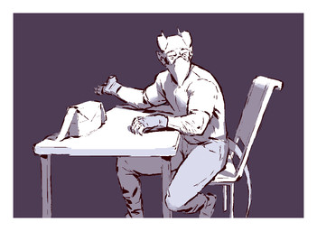 2_horns 5_fingers bag biped border chair claws clothed clothed_humanoid clothed_male clothing desk eyebrows finger_claws fingerless_gloves fingers footwear front_view fully_clothed fully_clothed_humanoid fully_clothed_male furgonomic_chair furgonomic_furniture furgonomics furniture gloves handwear head_horn horn humanoid_pointy_ears looking_at_viewer male mask obscured_mouth on_chair plantigrade pointy_ears pose purple_background shoes simple_background sitting sitting_on_chair solo table tail thick_eyebrows white_border kingarthur_i humanoid 2023 digital_drawing_(artwork) digital_media_(artwork) full-length_portrait monochrome portrait