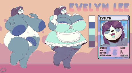 3_toes anthro areola areola_slip balls big_breasts biped breasts cleavage cleavage_overflow clothed clothing feet genitals gynomorph gynomorph_anthro hair half-erect height huge_breasts intersex intersex_anthro long_hair maid_uniform navel nipples nude open_mouth penis pronouns slightly_chubby solo text toes uniform wide_hips peculiart evelyn_lee bear giant_panda mammal 2022 absurd_res character_name digital_media_(artwork) english_text hi_res model_sheet