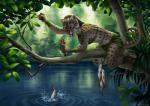 5_fingers anthro breasts clothed clothing female fingers fishing forest fur group jungle markings open_mouth plant river solo_focus splash spots spotted_body spotted_fur teeth tongue tree tribal water anisis domestic_cat felid feline felis fish fishing_cat mammal marine prionailurus 2019 digital_media_(artwork)