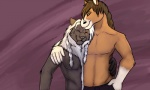 anthro black_body black_fur body_hair braided_hair brown_body brown_fur brown_hair clothed clothing duo eyes_closed fur grey_hair hair hairy happy happy_trail hug leg_markings long_hair love male markings smile socks_(marking) standing topless yosha blancmark takaa equid equine felid horse lion mammal pantherine 5:3