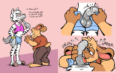 anthro balls bodily_fluids body_worship bottomwear bulge clock clothed clothing crop_top denim denim_bottomwear denim_clothing denim_shorts dialogue duo ear_piercing ear_ring erection fellatio genital_worship genitals hooves licking limp_wrist male male/male midriff narrowed_eyes open_bottomwear open_clothing open_shorts oral overweight overweight_anthro overweight_male penile penis penis_lick penis_worship piercing ring_piercing saliva saliva_on_penis saliva_on_tongue sex shirt shorts slim_anthro slim_male tank_top text tongue topwear watch critterdome equid equine lagomorph leporid mammal rabbit zebra comic english_text hi_res