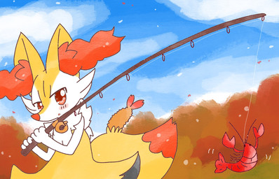 :o ambiguous_anthro ambiguous_gender anthro biped detailed_background dipstick_tail fishing_rod food holding_fishing_rod holding_object looking_at_viewer markings object_in_tail open_mouth outside shrimp_(food) side_view snout solo standing tail tail_markings annyui0611 nintendo pokemon aquatic arthropod braixen canid crayfish crustacean decapod generation_6_pokemon malacostracan mammal pokemon_(species) 2022 digital_drawing_(artwork) digital_media_(artwork) half-length_portrait hi_res japanese_description portrait translated_description