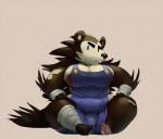 anthro bandage beady_eyes big_breasts biped breakerpangolin breasts brown_body brown_fur cleavage clothed clothing eyebrows female freckles frown fur henry_(breakerpangolin) mammal overalls pawpads porcupine rodent simple_background sitting solo