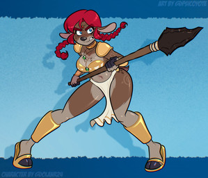 anthro bandeau blue_eyes bottomwear braided_hair breasts brown_body brown_fur choker circlet clenched_teeth clothing cloven_hooves crotch_lines eyebrows eyelashes feet female footwear freckled_breasts freckled_face freckled_hips freckles fur hair hooves jewelry loincloth long_eyelashes melee_weapon navel necklace pigeon_toed pigtails polearm red_hair sandals shoes shoulder_guards solo spear teeth topwear twin_braids weapon psicoyote deer mammal 2026 hi_res