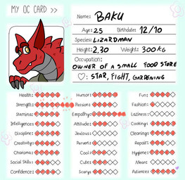anthro card clothed clothing clothing_lift information male red_body shirt shirt_lift smile solo stats text topwear yellow_eyes tibbs baku_(tibbs) lizard lizardman reptile scalie 2021 absurd_res character_name digital_media_(artwork) english_text hi_res