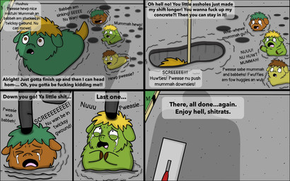 >_< abuse ambiguous_feral ambiguous_gender ambiguous_human animal_abuse black_body black_skin blonde_hair bodily_fluids brown_body brown_fur brown_hair cement cruelty crying death dialogue eyes_closed feral fur green_body green_fur green_hair group hair killing narrowed_eyes open_mouth profanity punishment snot stuck tears text toony trypophobia wet_cement young young_ambiguous young_feral roadkill_(fc) fluffy_pony fluffy_pony_(species) human mammal 16:10 2025 broken_english cel_shading comic digital_drawing_(artwork) digital_media_(artwork) english_text hi_res one_page_comic shaded widescreen