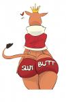 anthro bottomwear butt clothing crown female headgear hotpants looking_away rear_view shorts simple_background solo text text_on_bottomwear text_on_clothing text_on_hotpants text_on_shorts dbaru el_arca queen_oriana felid lion mammal pantherine hi_res