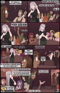 anthro blonde_hair blue_eyes bodily_fluids breasts cleavage clothed clothed_female clothed_human clothed_male clothing dialogue female fur grey_body grey_fur group hair male male/female purple_hair sweat sweatdrop tan_body tan_fur text fuf carlos_(fuf) dan_(fuf) szvilvia tesla_(fuf) bandicoot human mammal marsupial absurd_res comic english_text hi_res spanish_text