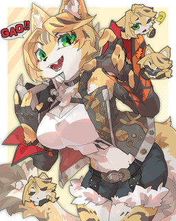 anthro belt blonde_hair bottomwear breasts choker clothing denim denim_bottomwear denim_clothing denim_shorts eyebrows eyelashes eyes_closed female fingerless_gloves fur gloves green_eyes hair handwear inner_ear_fluff jacket jewelry kemono mask midriff neck_tuft necklace one_eye_closed open_mouth shorts solo teeth topwear tuft white_body white_fur yellow_body yellow_fur yorozumaru mihoyo zenless_zone_zero pulchra_fellini felid feline felis mammal thiren 2025 hi_res