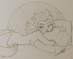 anthro bedding blanket breasts circle_background curly_hair ear_piercing ear_ring eyeshadow female female_anthro fingers fluffy fluffy_tail fur hair lipstick long_hair lying makeup medium_breasts nude nude_anthro nude_female on_front piercing pillow ring_piercing side_boob side_view simple_background smile solo tail whiskers cafeabril lackadaisy serafine_savoy domestic_cat felid feline felis mammal 2024 graphite_(artwork) hi_res monochrome signature traditional_media_(artwork)