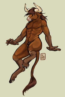 animal_genitalia anthro athletic athletic_anthro athletic_male brown_body brown_fur brown_hair cloven_hooves fully_sheathed fur genitals hair hooves horn male male_anthro nude nude_anthro nude_male sheath simple_background solo i-psilone bovid bovine cattle mammal 2015