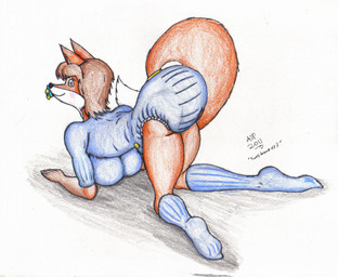 all_fours anthro blush blush_lines brown_hair clothed clothing diaper female footwear hair object_in_mouth onesie pacifier pacifier_in_mouth rear_view smile smiling_at_viewer socks solo wearing_diaper giannix kinky_diapered_vixen 2011