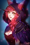 breasts cleavage cloak clothed clothing facial_markings facial_piercing feathers female hair head_markings heart_symbol hood long_ears long_hair markings nose_piercing nose_ring piercing purple_body purple_feathers red_hair ring_piercing simple_background smile solo yellow_eyes pinkladymage league_of_legends riot_games tencent xayah_(lol) animal_humanoid avian avian_humanoid bird humanoid mammal vastaya 2017