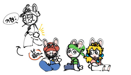 anthro backwards_hat bent_legs biped biting_on_toothpick black_eyes black_facial_hair black_mustache blonde_hair blue_clothing blue_ear_piercing blue_overalls bottomless bottomless_anthro bottomless_female closed_smile clothed clothed_anthro clothed_female clothed_male clothing crown dialogue directional_arrow ear_piercing eye_through_hat eyes_closed facial_hair featureless_legs female female_anthro flat_chested fully_clothed fully_clothed_anthro fully_clothed_male fur gem gesture green_clothing green_hat green_headwear green_shirt green_topwear group hair hand_gesture hand_pawpads happy hat headgear headwear long_ears long_hair looking_at_another looking_at_viewer male male_anthro mitten_hands mouth_closed multicolored_body mustache noseless open_mouth overalls pawpads piercing pink_clothing pink_shirt pink_topwear pointing pupils red_clothing red_hat red_headwear ruby_(gem) scut_tail shirt shirtless_anthro shirtless_male short_tail simple_background sitting smile smiling_at_viewer speech_bubble standing straight_legs tail talking_to_another tan_body tan_eyelids tan_pawpads tan_skin text toothpick toothpick_in_mouth topwear trio two_tone_body white_background white_body white_clothing white_facial_hair white_fur white_hat white_headwear white_mustache white_pupils white_tail bam_ml mario_bros mario_plus_rabbids_kingdom_battle mario_plus_rabbids_sparks_of_hope nintendo raving_rabbids rayman_(series) ubisoft rabbid_luigi rabbid_mario rabbid_peach lagomorph mammal rabbid 2023 7:4 colored colored_sketch crossover digital_drawing_(artwork) digital_media_(artwork) korean_description korean_text multiple_scenes shaded simple_shading sketch translation_request