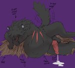 anthro balls belly big_belly black_body black_fur black_nose bodily_fluids claws cum cumshot ear_piercing ear_ring ejaculation fetal_movement fluffy fur genital_fluids genitals huge_belly leaking_cum male markings nest piercing pregnant pregnant_anthro pregnant_male red_markings ring_piercing snarling solo tail tail_motion tailwag teeth oakfinch ankeidynn hybrid english_description hi_res shaded
