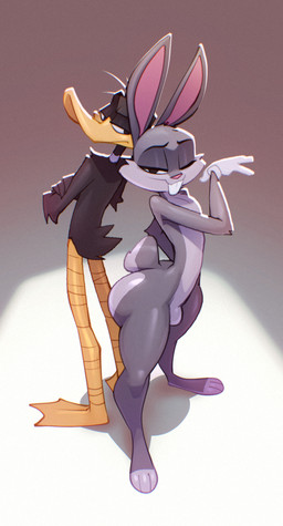 anthro barefoot beak biped black_body buckteeth clothing duo eyebrows feet fur gloves grey_body grey_fur grey_tail handwear looking_at_viewer male shadow short_tail simple_background standing tail teeth yellow_body bigdad looney_tunes warner_brothers bugs_bunny daffy_duck anatid anseriform avian bird duck lagomorph leporid mammal rabbit 2025
