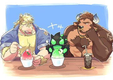 anthro beard beverage blonde_hair body_hair brown_body brown_fur brown_hair chest_hair chibi clothed clothing dessert facial_hair food fur group hair hairy horn male muscular muscular_male open_clothing open_shirt open_topwear shaved_ice shirt shirtless slime soda tan_body tan_fur topwear trio yksb2 anothereidos_of_dragon_vein_r equus_(anothereidos_r) jade_(anothereidos_r) volund bovid bovine cattle equid equine horse mammal hi_res
