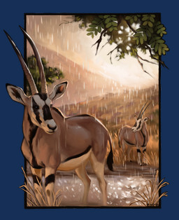 belly black_eyes black_markings black_nose duo feral fur grass hill horn long_horn markings outside plant puddle quadruped raining tail tail_tuft tan_body tan_fur tree tuft white_belly alexpahomov antelope beisa bovid grazing_antelope mammal oryx 2022