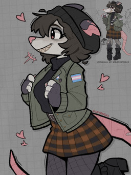 4_fingers anthro beanie biped bottomwear clothing female fingers fishnet_clothing fishnet_legwear fur furgonomic_headwear furgonomics grin hat headgear headwear heart_symbol legwear lgbt_pride patch_(fabric) pride_colors pride_pin sharp_teeth side_view skirt smile snout standing teeth transgender_pride_colors white_body white_fur barndrg13 jayrnski american_opossum mammal marsupial 2026 hi_res reference_image trans_(lore) trans_woman_(lore)