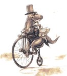 abstract_background bell bicycle bow_tie claws clothed clothing dress duo eyewear feral gentleman hat headgear headwear male monocle riding_bike scales sickle_claw size_difference striped_body stripes suit toe_claws top_hat vehicle psuedofolio penny_farthing chaptor dinosaur dromaeosaurid human mammal prehistoric_species reptile scalie theropod hi_res monochrome