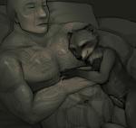 abs anthro biceps claws cuddling duo erection eyes_closed fangs flaccid fur genitals larger_human larger_male male male/male muscular nude pecs penis pillow size_difference sleeping smaller_anthro smaller_male tattoo teeth pig_(artist) guardians_of_the_galaxy marvel drax_the_destroyer rocket_raccoon alien human mammal procyonid raccoon monochrome