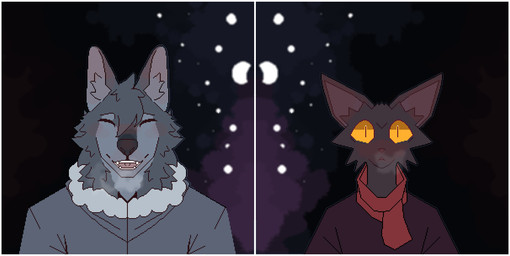 anthro biped black_body black_fur blush border clothed clothed_anthro clothed_male clothing duo eyes_closed fangs fur male orange_sclera pupils scarf slit_pupils snow teeth tongue topwear white_border mertvykhcrows canid canine domestic_cat felid feline felis mammal