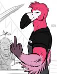 anthro beak clothed clothing duo feathered_wings feathers gesture hand_gesture male middle_finger pink_body pink_feathers solo_focus winged_arms wings bgn dylan_(bgn) avian bird flamingo 2016