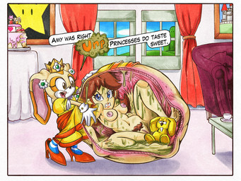 after_vore anthro belly big_belly blue_eyes breasts brown_hair clothing crown dress duo female female_pred female_prey genitals gloves hair handwear headgear inside nipples nude nude_female overweight speech_bubble text vore vulva x-ray_view yellow_clothing yellow_dress killboo mario_bros nintendo sega sonic_the_hedgehog_(series) cream_the_rabbit princess_daisy human lagomorph leporid mammal rabbit 2025 4:3 hi_res