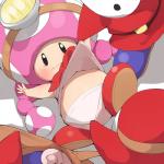 assisted_exposure belt clothing embarrassed female fungus group mushroom not_furry on_model panties underwear undressing white_clothing white_panties white_underwear youjomodoki mario_bros nintendo toadette humanoid shyguy toad_(mario) 1:1 hi_res