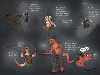 adventurer anthro cave dialogue gasp horn male scratch shrinking sign size_transformation solo species_transformation tail text transformation brownsdragon dungeons_and_dragons hasbro wizards_of_the_coast human humanoid kobold mammal scalie absurd_res hi_res