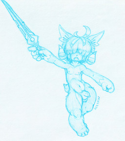 4_toes anthro balls big_forearms cowlick dewclaw fangs feet forearms foreskin genitals hair hair_over_eyes handpaw horn male melee_weapon messy_hair navel open_mouth paws pecs penis raised_arm short_tail small_nose solo stamen sword tail teeth thick_thighs toes weapon young young_male mklxiv cress_clarus_(mklxiv) ambiguous_species 2025 absurd_res hi_res huge_filesize monochrome signature traditional_media_(artwork)