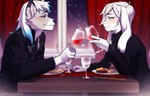 alcohol anthro beverage blue_hair blush clothed clothing container cup date dinner dinner_table drinking_glass duo eye_contact fancy_clothing glass glass_container glass_cup hair holidays inside looking_at_another male male/male multicolored_hair restaurant romantic suit_jacket two_tone_hair white_hair wine wine_glass gekko-seishin valentine's_day dante_kinkade zack_(thezackrabbit) canid canine canis lagomorph leporid mammal rabbit wolf digital_media_(artwork) hi_res shaded