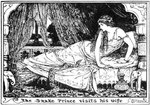 bed clothed clothing curtains diamond_pattern dress duo eye_contact female feral flower flower_crown furniture hair inside long_hair looking_at_another male nude pillar plant text h_j_ford fairy_tales lang's_fairy_books public_domain the_olive_fairy_book the_snake_prince human mammal reptile scalie snake 1907 20th_century ancient_art black_and_white low_res monochrome traditional_media_(artwork)