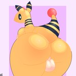 1:1 ampharos anthro backsack balls big_butt black_stripes butt duo generation_2_pokemon genitals hi_res looking_at_viewer looking_back male nintendo noirnoir perineum pokemon pokemon_(species) raised_tail rear_view simple_background stripes tail yellow_body
