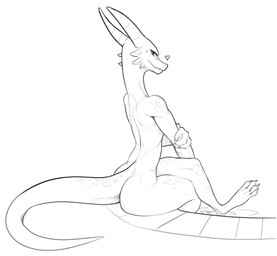 ambiguous_gender anthro butt heart_symbol looking_at_viewer looking_back looking_back_at_viewer nude nude_anthro partially_submerged poolside rear_view simple_background sitting solo tail white_background w4g4 kobold scalie 2019 black_and_white monochrome sketch