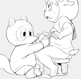anthro blush bodily_fluids butt chibi clothing cum duo genital_fluids genitals handjob humanoid_genitalia humanoid_hands humanoid_penis kemono male male/male penile penis sex shirt sitting slightly_chubby topwear masshiro animal_crossing nintendo tom_nook_(animal_crossing) villager_(animal_crossing) canid canine mammal raccoon_dog tanuki 2021 digital_drawing_(artwork) digital_media_(artwork) hi_res monochrome