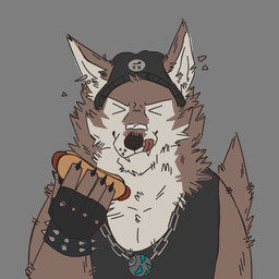 anthro bandage bandage_on_face bandage_on_nose beanie black_clothing black_topwear bracelet brown_body brown_fur brown_nose chain chain_necklace clothed clothing cute_fangs ear_piercing eating eyes_closed fangs fingerless_gloves food fur gloves handwear happy hat headgear headwear hot_dog jewelry licking licking_lips male necklace piercing shirt simple_background smile solo spiked_bracelet spikes tail tank_top teeth tongue tongue_out topwear mattinqq epic_games fortnite wendell_(fortnite) canid canine canis mammal wolf 1:1 absurd_res hi_res