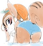 accessory anthro big_butt blush brown_body brown_fur butt clothed clothing countershading facial_markings female fluffy fluffy_tail fur gesture hair hair_accessory hairband head_markings loli looking_at_viewer looking_back markings one-piece_swimsuit orange_hair partially_submerged presenting presenting_hindquarters slightly_chubby slightly_chubby_anthro slightly_chubby_female smile solo swimwear tail tied_hair water waving waving_at_viewer wet young young_anthro doneru mizett_(doneru) flying_squirrel mammal rodent sciurid hi_res adult_(lore)