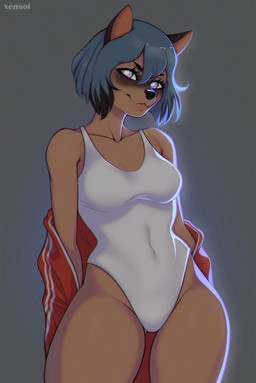 anthro blue_body blue_eyes blue_hair brown_body brown_fur clothed clothing female fur hair jacket leotard multicolored_eyes one-piece_swimsuit solo swimwear thick_thighs tight_clothing topwear white_clothing wide_hips xensoi brand_new_animal studio_trigger michiru_kagemori canid canine mammal raccoon_dog tanuki absurd_res hi_res