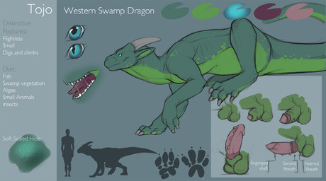 animal_genitalia balls blue_eyes bodily_fluids chart claws color_swatch digitigrade erection flaccid footprint genitals green_body grey_horn horn male multicolored_body non-mammal_balls pawprint penile_spines penis plantigrade pupils saliva scales scaly_tail sheath side_view silhouette simple_background size_chart slit_pupils solo tail teeth text tongue two_tone_body conditional_dnp tojo_the_thief mythology tojo_the_thief_(character) dragon human mammal mythological_creature mythological_scalie scalie wingless_dragon english_text model_sheet