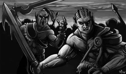5_fingers arm_scar bottomwear bracelet clothing duo fingers front_view furrowed_eyebrows hair holding_melee_weapon holding_object holding_sword holding_weapon jewelry looking_at_viewer male melee_weapon mouth_closed muscular muscular_humanoid muscular_male open_mouth outside overbite pointy_ears polearm ponytail scar silhouette sky spear sword teeth tusks weapon deriaz humanoid orc 2014 digital_drawing_(artwork) digital_media_(artwork) greyscale half-length_portrait monochrome portrait signature