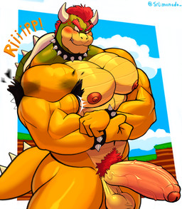 anthro balls biceps big_arms big_muscles big_pecs big_penis bodily_fluids bracelet collar deltoids eyebrows flexing flexing_bicep foreskin genitals glistening glistening_body glistening_genitalia glistening_penis glistening_skin hair humanoid_genitalia humanoid_penis jewelry male muscular muscular_anthro muscular_male nipples nude pecs penis pubes red_hair ripping_sound_effect saggy_balls scales solo spiked_bracelet spiked_collar spikes sweat sweaty_body thick_eyebrows thick_penis triceps vein veiny_penis yellow_body yellow_scales srlimonada mario_bros nintendo bowser koopa reptile scalie 2026 absurd_res hi_res shaded