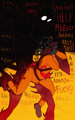 anal bodily_fluids bulge clothed clothing duo empty_eyes erection erection_under_clothing forced gas_mask genital_fluids hazmat_suit holding_another human_on_humanoid human_penetrated humanoid_penetrating humanoid_penetrating_human interspecies male male/male male_penetrated male_penetrating male_penetrating_male mask mouthless obscured_eyes penetration precum rape red_body sex size_difference standing tentacles wearing_mask 0ct0m0n0 lethal_company bracken_(lethal_company) human humanoid mammal hi_res