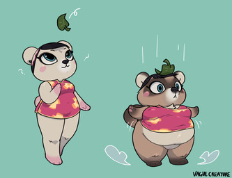 anthro female question_mark shrinking size_transformation solo tanuki_leaf transformation weight_gain vaguecreature animal_crossing nintendo pekoe_(animal_crossing) bear canid canine mammal raccoon_dog tanuki
