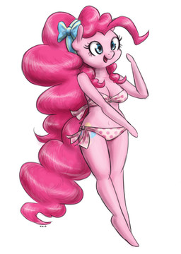 accessory anthro bikini blue_eyes bow_ribbon breasts cleavage clothed clothing cutie_mark female fur hair hair_accessory hair_bow hair_ribbon hoof_hands long_hair navel open_mouth open_smile pattern_bikini pattern_clothing pattern_swimwear pink_body pink_fur pink_hair ribbons simple_background smile solo spots spotted_bikini spotted_clothing spotted_swimwear swimwear two-piece_swimsuit white_background king-kakapo friendship_is_magic hasbro my_little_pony pinkie_pie_(mlp) equid equine horse mammal pony 2016 hi_res
