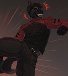 action_pose anthro belt belt_buckle black_bottomwear black_clothing black_jacket black_pants black_topwear bottomwear buckle clothing dark_body dark_fur fangs fluffy fluffy_tail fur jacket male motion_lines multicolored_body multicolored_fur pants pose red_clothing red_jacket red_topwear smile solo tail teeth topwear kasusei canid mammal hi_res